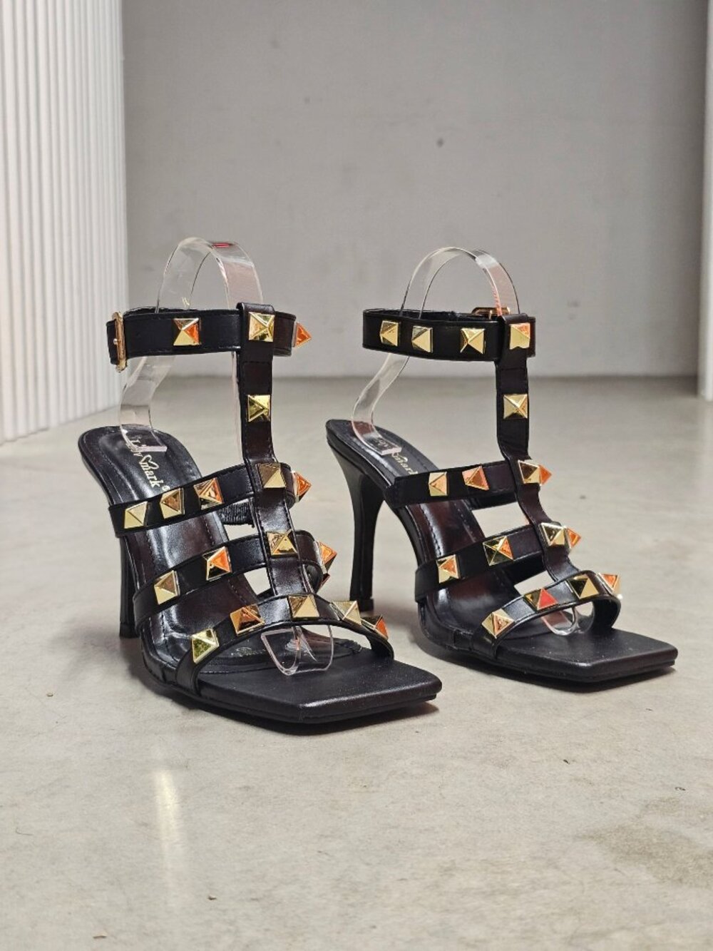 Black Studded High Heel Sandals With Square Toe & Adjustable Ankle Strap
